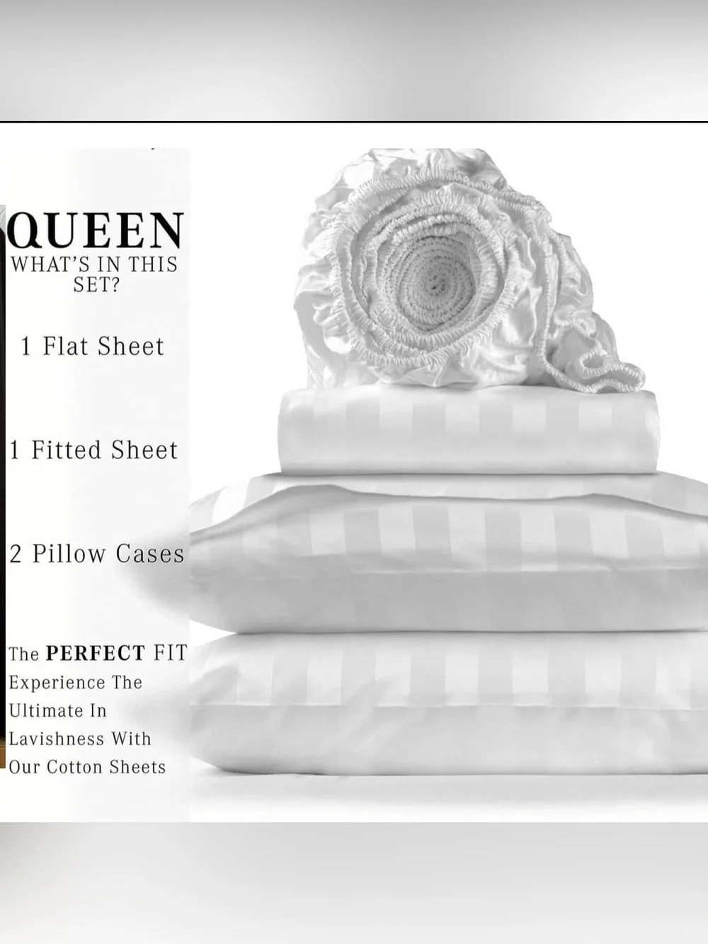 Queen White Sheet Set Damask Stripe 100% Cotton Sateen 4 piece set Oeko Tek